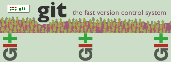 Banner for Git, the fast version control system, with a repeating pattern of trees and unicycles featuring the Git logo.