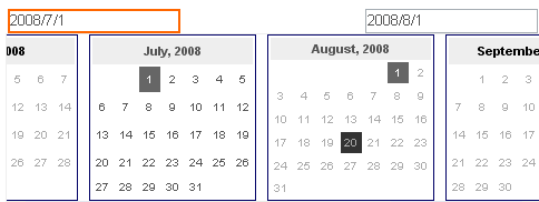 Calendar Slide Select : A Component to mimic Google Analytics date chooser behavior.

<p class='content-break'></p>
<p> : Position Absolute – Screen Shot” width=”484″ height=”182″ /><em>Calendar Slide Select</em> mimics the Google Analytics date range chooser. This component is ideal for date range selection user interaction, such as allowing the user to select a time period to display statistics or graphs over time. Calendar Slide Select requires the <a title=