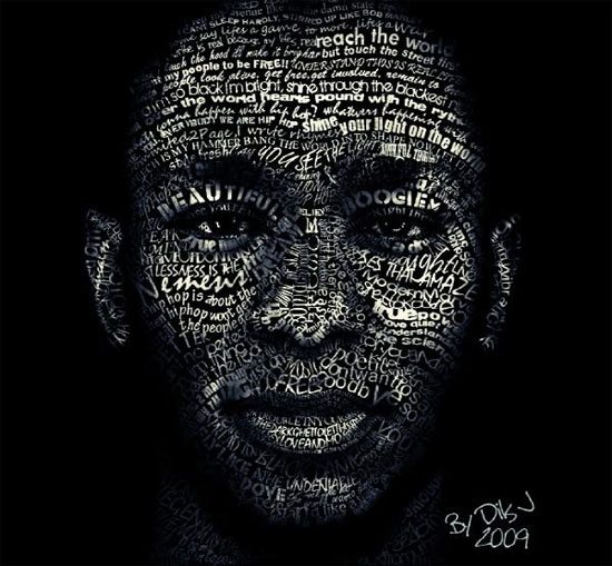 Artistic portrait of a person's face composed of white text on a dark background, with varying text density creating the facial features, signed and dated 2009.