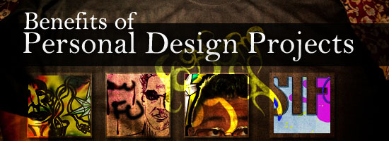 Banner with the title 'Benefits of Personal Design Projects' above six panels showcasing different artistic and design elements, including abstract patterns, a human face, and colorful typographic designs.