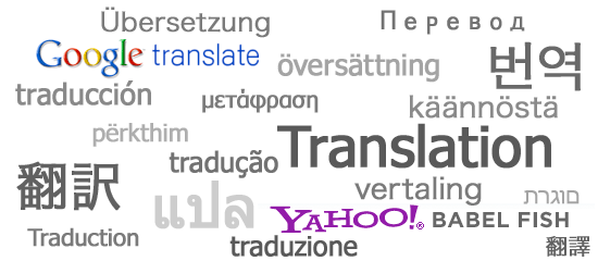 Word cloud with the central word 'Translation' surrounded by its translations in various languages and scripts, along with logos of Google Translate and Yahoo, in different sizes, fonts, and colors.