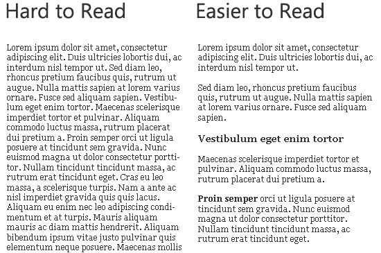 Comparison of text legibility, with 'Hard to Read' text on the left in a condensed font and tight line spacing, and 'Easier to Read' text on the right in a larger, more spaced-out font.