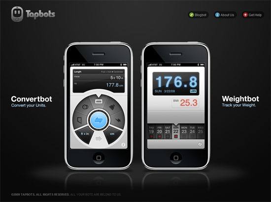 Two iPhones displaying Tapbots applications, with the left showing Convertbot for unit conversion and the right showing Weightbot for tracking weight.