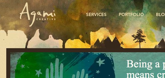 Website banner for Agami Creative with a stylized natural background featuring animal silhouettes, mountains, and a tree, including a navigation menu with services, portfolio, and blog links.