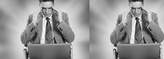 Two identical black and white images of a man in a suit sitting in front of a laptop with his hands on his temples, appearing stressed or concentrating.