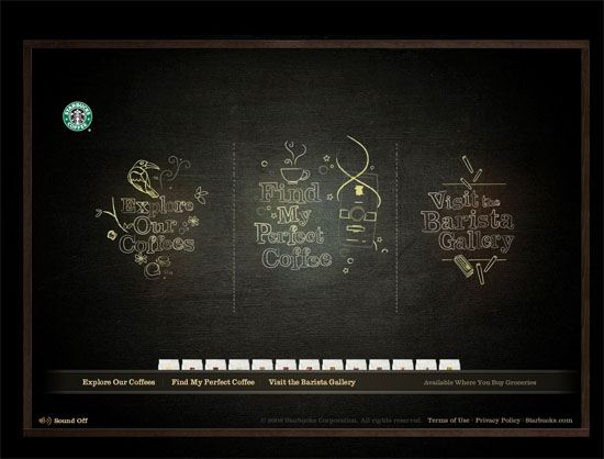 Chalkboard-style graphic with sections for 'Explore Our Coffees', 'Find My Perfect Coffee', and 'Visit the Barista Gallery', with corresponding illustrations and clickable options. Starbucks logo in the top left corner.