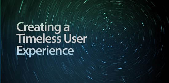 Text 'Creating a Timeless User Experience' over a starry vortex background.