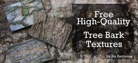 A collection of high-quality tree bark texture photographs with a promotional text offering them for free by Six Revisions.