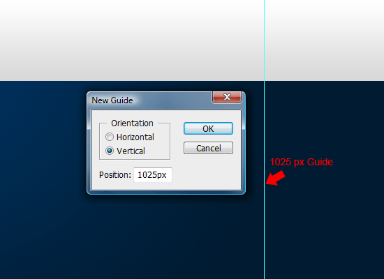 Setting up a vertical guide 1025px away from left edge