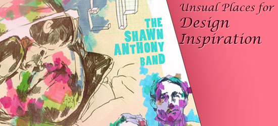 A colorful sketch of a person with 'THE SHAWN ANTHONY BAND' text overlay on the left, and a pink background with 'Unusual Places for Design Inspiration' text on the right.