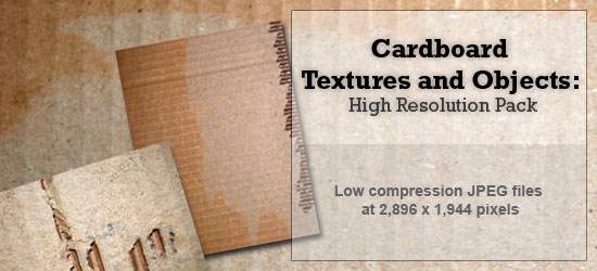 Promotional banner for a high-resolution pack of cardboard textures and objects, showcasing samples of various cardboard surfaces and edges, with details about the pack's low compression JPEG files at a resolution of 2,896 by 1,944 pixels.