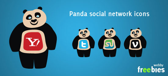 Cartoon pandas with social network logos on their bellies representing Yahoo!, Twitter, StumbleUpon, and Vimeo, with the text 'Panda social network icons' above them and a 'webby freebies' logo in the corner.