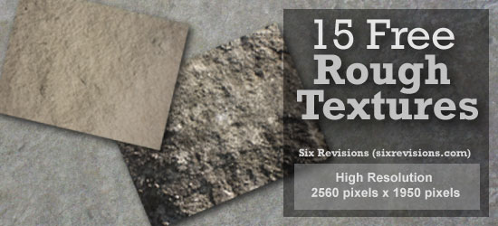 Promotional banner for 15 Free Rough Textures in high resolution, featuring three different textured surfaces, with a reference to Six Revisions website.