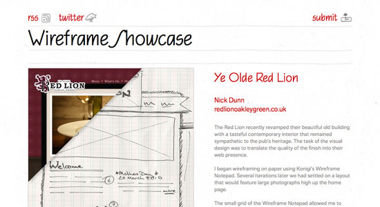 Gallery site that features wireframes alongside the completed designs they represent