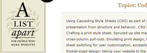 Logo of 'A List Apart' with subtitle 'For People Who Make Websites' and a list of web design topics including CSS usage, print style sheets, and pocket-sized design.