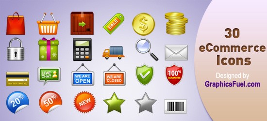 A set of 30 colorful e-commerce icons including shopping basket, sale tags, coins, magnifying glass, padlock, gift boxes, calculator, delivery truck, envelope, chat bubbles, open and closed signs, guarantee badge, discount labels, new item badge, and star ratings, with a label indicating they are designed by GraphicsFuel.com.