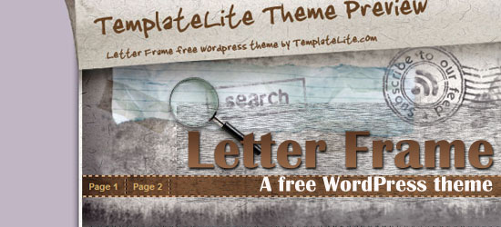 Preview of 'Letter Frame', a free WordPress theme by TemplateLite.com, featuring a vintage letter design with a magnifying glass on a search bar.
