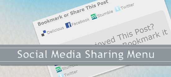 Graphic of a social media sharing menu with options for Delicious, Facebook, StumbleUpon, and Twitter, and text reading 'Bookmark or Share This Post' and 'Social Media Sharing Menu'.