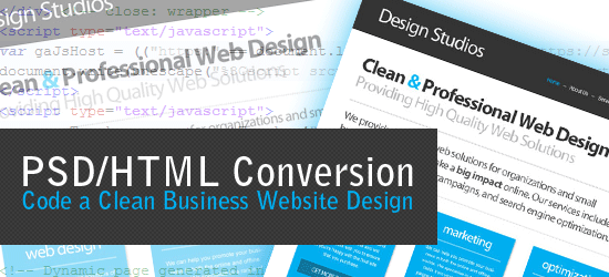 Promotional graphic for PSD to HTML conversion services showing web design interface with code and website preview.