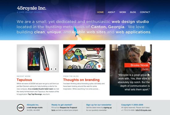 Screenshot of 45royale Inc. web design studio's homepage featuring navigation links, a studio description, sections for recent work, blog excerpts, a testimonial, and colorful graphics.