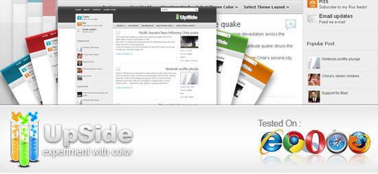 A promotional graphic for the 'UpSide' website theme showing cascading browser windows with different color schemes, the 'UpSide' logo with colorful test tubes, and browser compatibility icons for Internet Explorer, Firefox, Safari, Chrome, and Opera.