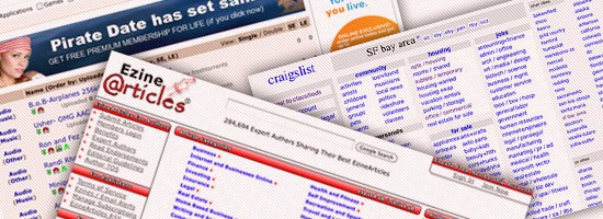 Collage of various online platforms including a dating site ad, article directory listings, and Craigslist classifieds, with text and hyperlinks.