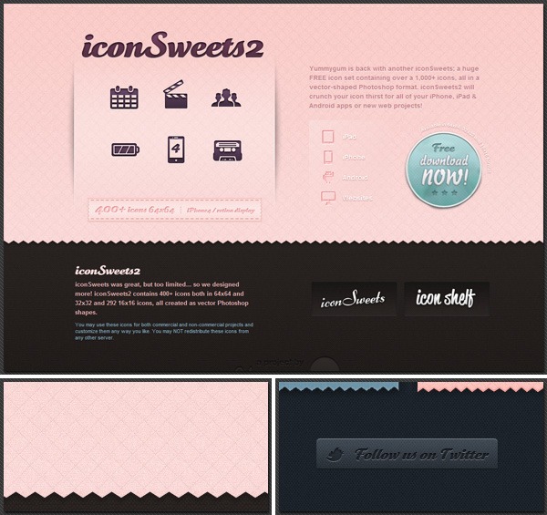 Promotional graphic for iconSweets2, a free set of over 1,000 vector-shaped icons for web and mobile apps, featuring a pink and black retro design with sample icons, a free download badge, and a Twitter follow button.