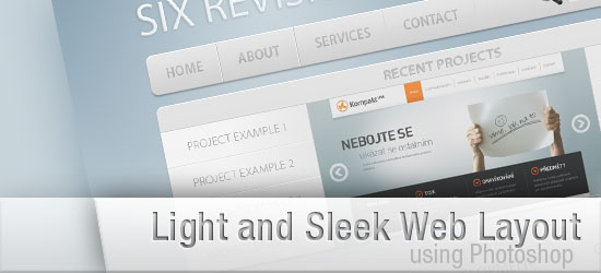 Preview of a light and sleek web page design with a header for 'SIX REVISIONS,' navigation menu, and sections for recent projects, advertised as created using Photoshop.