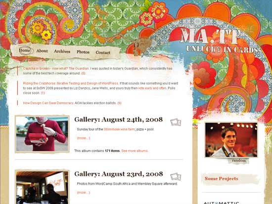 Screenshot of a colorful blog page with navigation links, blog post excerpts, photo gallery thumbnails, and a sidebar featuring projects and a company logo.