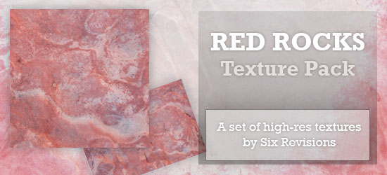 Promotional graphic for RED ROCKS Texture Pack, featuring red rock textures with text overlay stating it's a high-resolution texture set by Six Revisions.