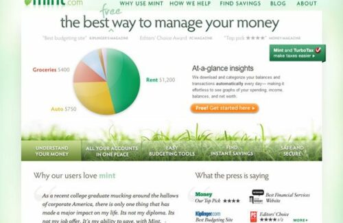 Screenshot of Mint.com homepage featuring a headline 'the best way to manage your money,' a budget pie chart, and sections about the service's features, user testimonials, and press mentions. A green 'Free! Get started here' button is prominently displayed.
