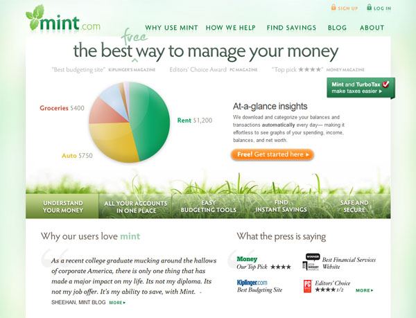 Screenshot of Mint.com homepage featuring a headline 'the best way to manage your money,' a budget pie chart, and sections about the service's features, user testimonials, and press mentions. A green 'Free! Get started here' button is prominently displayed.