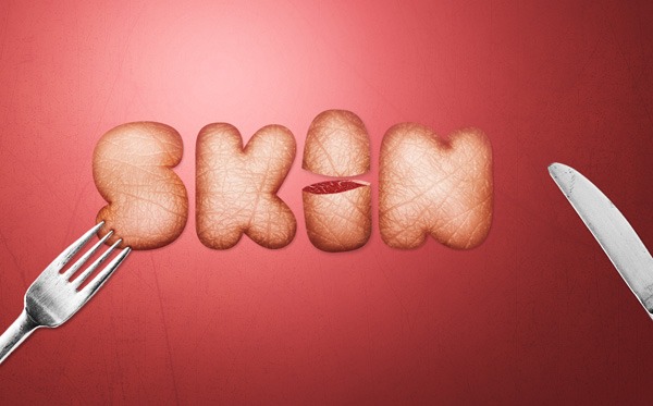 A conceptual image showing the word 'SKIN' with each letter designed to resemble human skin, with the 'I' sliced as if cut by the knife to the right, and a fork to the left, all against a red background.