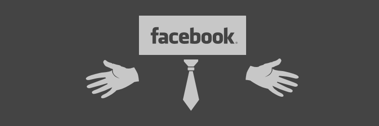 A stylized representation of the Facebook logo with a tie and two hands positioned as if adjusting the tie.