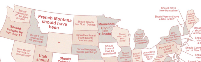 A humorous map of the United States with satirical questions over each state, such as 'Should Idaho potatoes be refrigerated?' and 'Should Nebraska legalize gambling?'