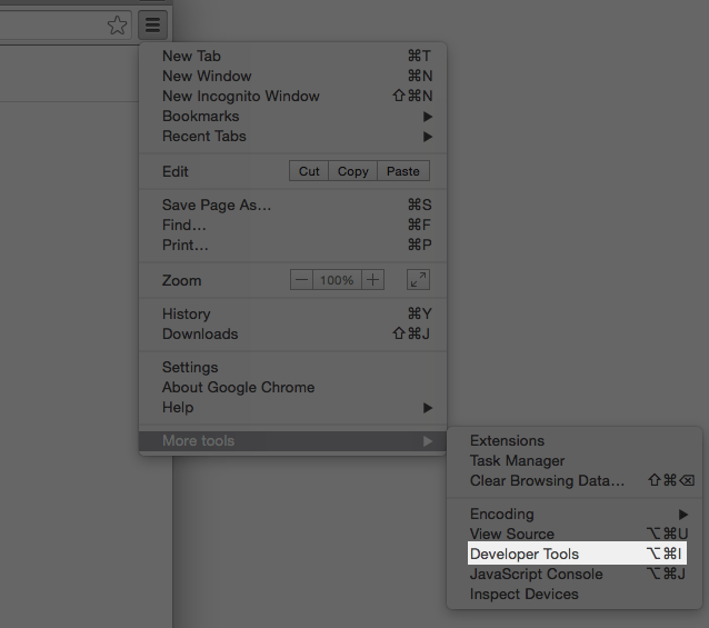 Screenshot of Google Chrome's dropdown menu with options for browsing tasks, including an expanded 'More tools' submenu showing developer-related actions like 'Developer Tools' and 'JavaScript Console'.