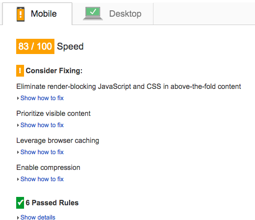 PageSpeed score after 1st part of improvements