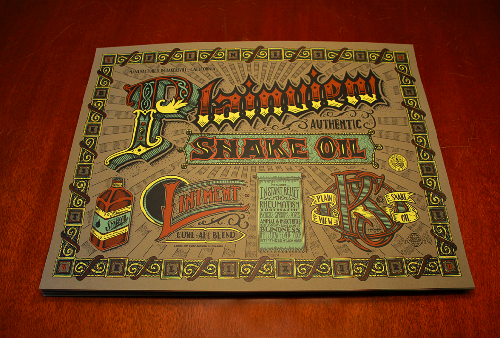 Vintage-style advertisement for Dr. Beaumont's Authentic Snake Oil Liniment, featuring ornate typography and claims of curing various ailments, with decorative elements and a bottle illustration, set on a wooden surface.