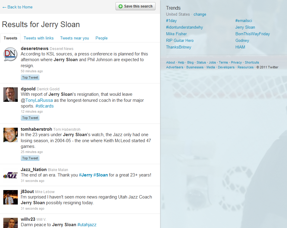 Screenshot of Twitter search results for Jerry Sloan, showing tweets about his resignation and tenure with the Utah Jazz, and a Trends box with current trending topics.