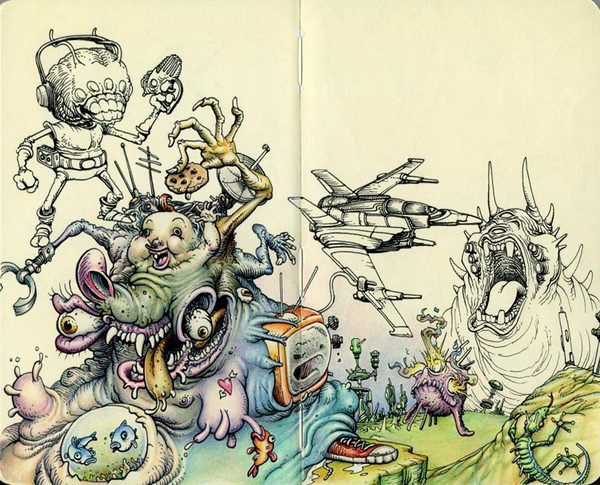 A whimsical and surreal drawing featuring a chaotic pile of cartoonish creatures and objects on the left, including a robot with a skull head and a melting monster with multiple eyes and mouths. On the right, a futuristic helicopter flies above a landscape with a roaring creature and various odd plants and beings.