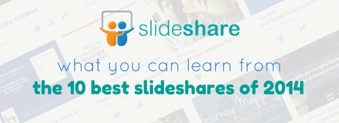 SlideShare banner highlighting 'what you can learn from the 10 best slideshares of 2014' with the SlideShare logo and a collage of presentation slides in the background.