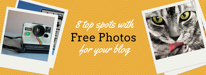 Banner with yellow chevron background promoting '8 top spots with Free Photos for your blog', featuring a Polaroid camera and a close-up of a cat with its tongue out.