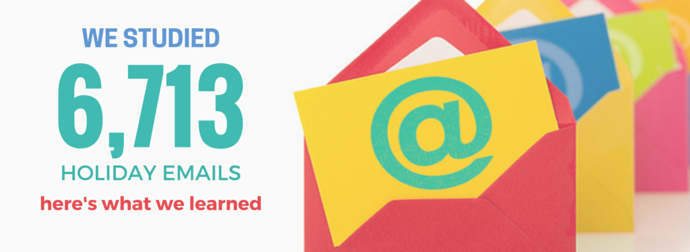 Colorful envelopes with an '@' symbol representing emails, with text above stating 'WE STUDIED 6,713 HOLIDAY EMAILS here's what we learned'.