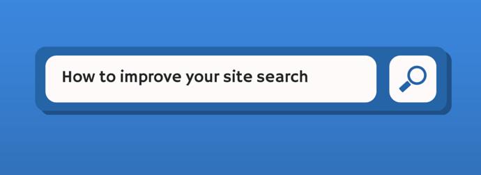 Stylized search bar with the query 'How to improve your site search' and a magnifying glass icon on a blue background.