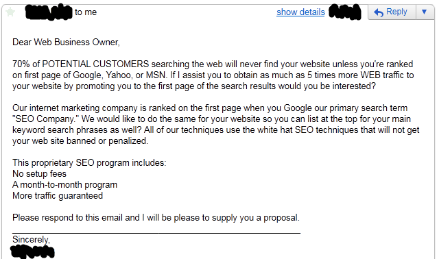 Screenshot of an email offering SEO services with promises of increased web traffic and first-page search result placement, listing program features like no setup fees and guaranteed traffic, with the sender's name redacted.