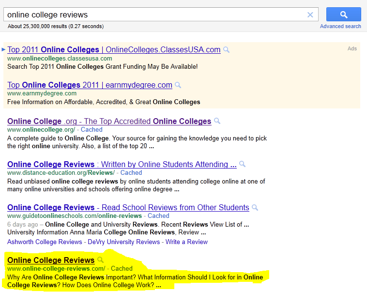 Screenshot of a search engine results page for 'online college reviews' showing a list of websites with links and descriptions about online colleges and their reviews.