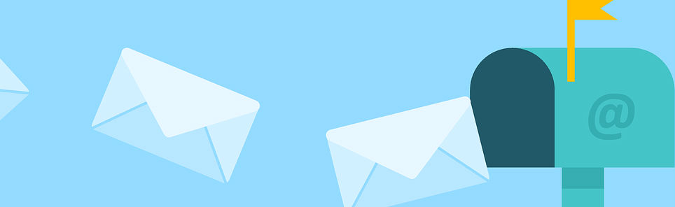 Three white paper envelopes flying towards a teal mailbox with a raised yellow flag and an '@' symbol, on a light blue background.