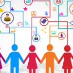 Colorful illustration of five human silhouettes holding hands with a network of communication and social media icons interconnected above them.