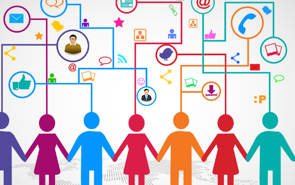 Colorful illustration of five human silhouettes holding hands with a network of communication and social media icons interconnected above them.