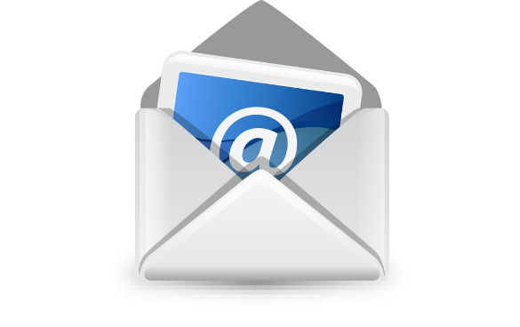 A stylized illustration of an open envelope with a letter inside, featuring an at symbol (@) on the letter, representing an email.